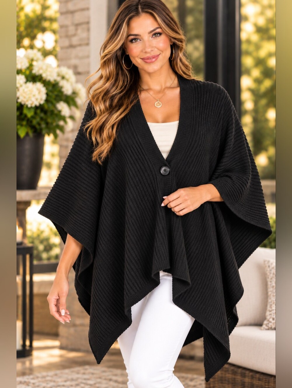 NWT! Time and Tru Black Ribbed Poncho Sweater Cape Cozy One Size Fits All